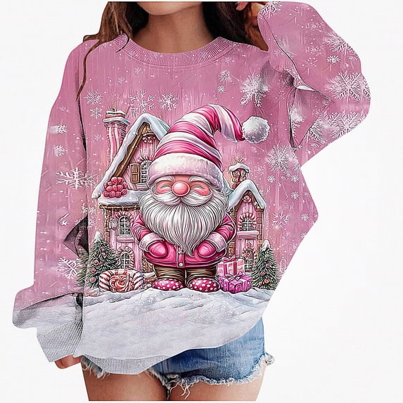 WAVSUF Girls Fleece Christmas Pullover Crew Neck Soft Stretch Long Sleeve Fall Winter Warm Festival Tee 7-8
