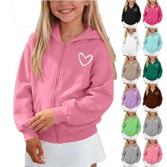 WAVSUF Girls Fleece Hooded Jacket, Long Sleeve Zipper with Pocket Winter Casual Outerwear 10-12