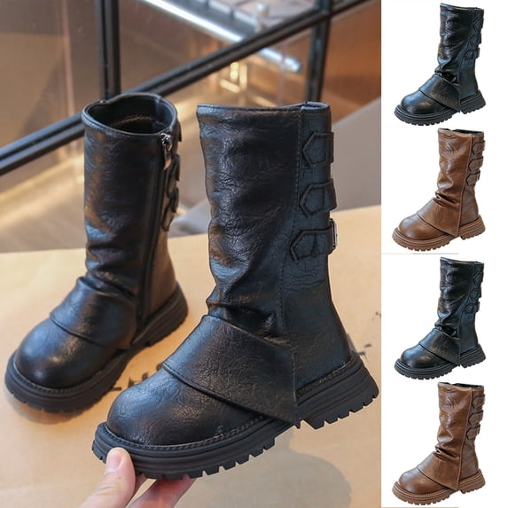 WAVSUF Girls Fleece Knee High Boots Wide Width Round Toe Soft Sole Winter Warm Chunky Boots Brown 13.5 Little Kid