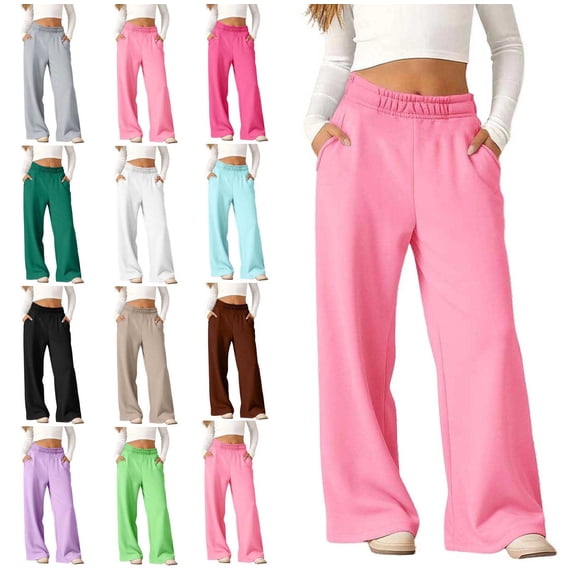 WAVSUF Girls Fleece Sweatpants Side Pockets Wide Leg Elastic Waist Fall Winter Warm Pants Pink 10-12