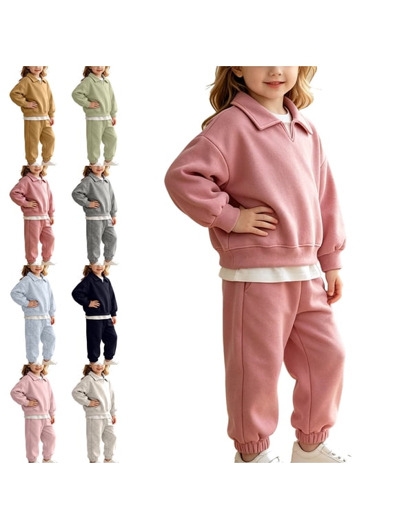 Girls Fleece Sweatsuit 2 Piece, Long Sleeve Henley Neck Sweatshirts and Jogger Pants Winter Warm Cotton Outfit Sets Red 18M