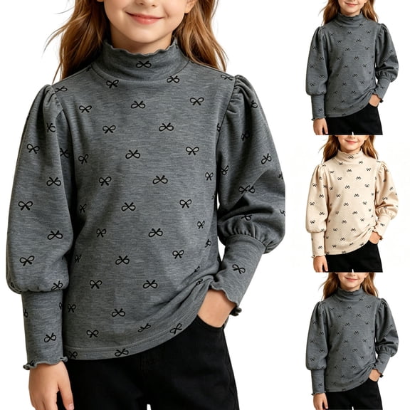 WAVSUF Girls Fleece Turtleneck Soft Stretch Trendy Bowknot Long Sleeve Winter Thermal Undershirt Beige 0