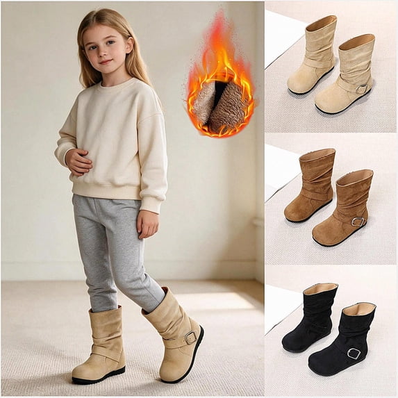 WAVSUF Girls Fleece Wide Width Boots Round Toe Soft Sole Anti Slip Fall Daily Mid Calf Boots Beige Size 10