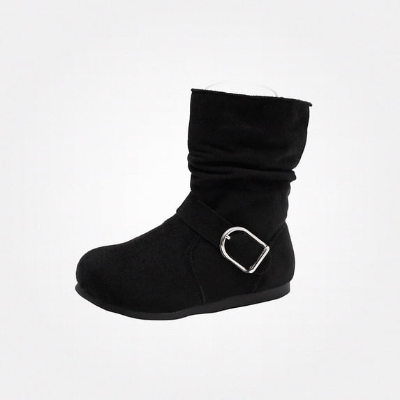 WAVSUF Girls Fleece Wide Width Boots Round Toe Soft Sole Anti Slip Fall Daily Mid Calf Boots Black Size 2T