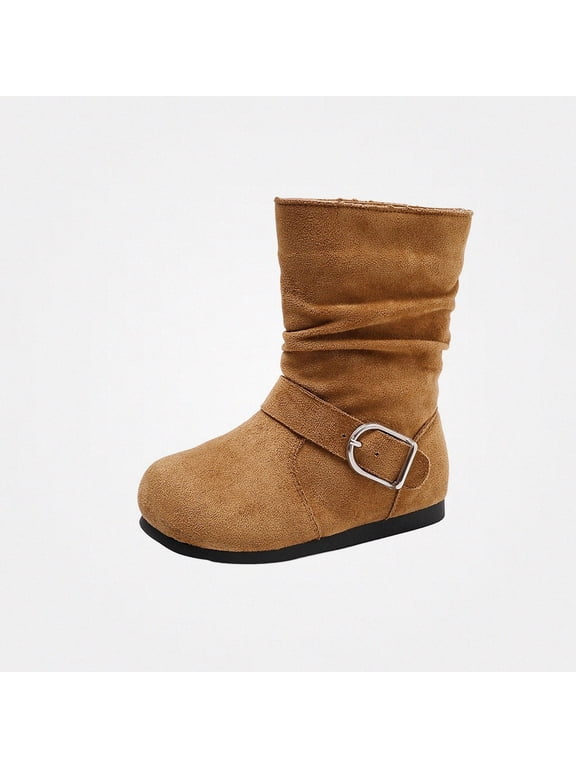 Girls Fleece Wide Width Boots Round Toe Soft Sole Anti Slip Fall Daily Mid Calf Boots Brown Size 12.5 Little Kids