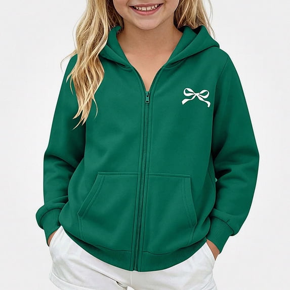 WAVSUF Girls Fleece Zipper Jacket, Long Sleeve with Pocket Windproof Winter Casual Hooded Jacket 10-12