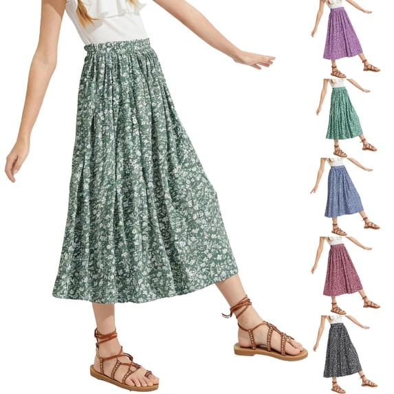 WAVSUF Girls Floral Maxi Skirt Trendy Flowy Lightweight Comfort Breathable Casual Summer Vacation Skirt Army Green Size 9-10