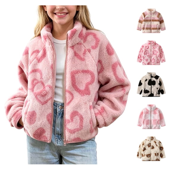 WAVSUF Girls Graphic Fleece Jacket, Loose Fit Long Sleeve Soft Warm Winter Casual Outdoor Coat Beige 2