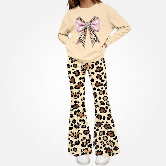 WAVSUF Girls Graphic Sets 2 Piece Long Sleeve Sweatshirt and Flare Leg Pants Fall Breathable Casual Clothes 7-8