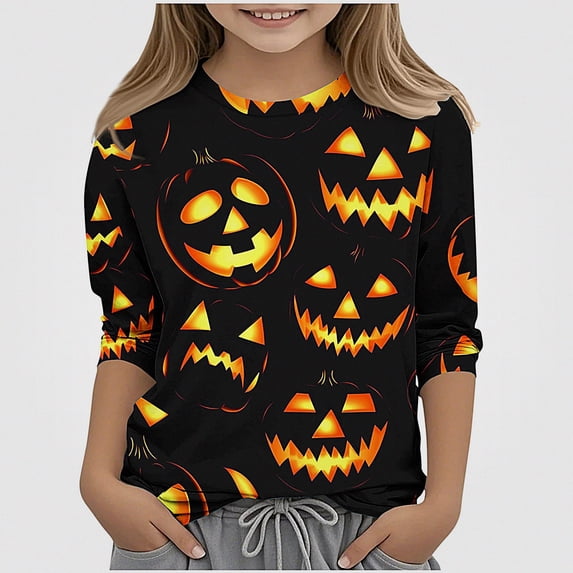 WAVSUF Girls Halloween Shirt, Round Neck Cartoon Printed 3/4 Sleeve Festive Casual Fall Top Yellow 7-8