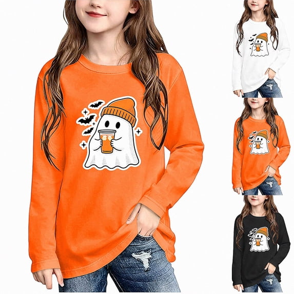 WAVSUF Girls Halloween Sweatshirts, Crew Neck Loose Fit Long Sleeve Winter Festive Casual Pullover Orange 7-8