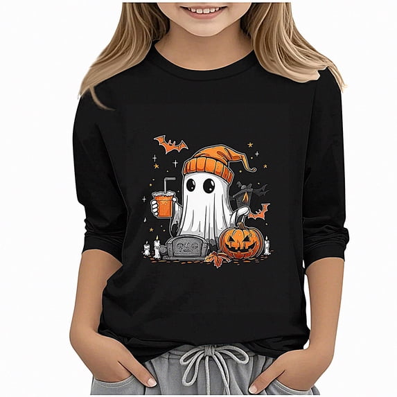 WAVSUF Girls Halloween Top, 3/4 Sleeve Soft Comfort Round Neck Fall Cute Festive Pullover Black 9
