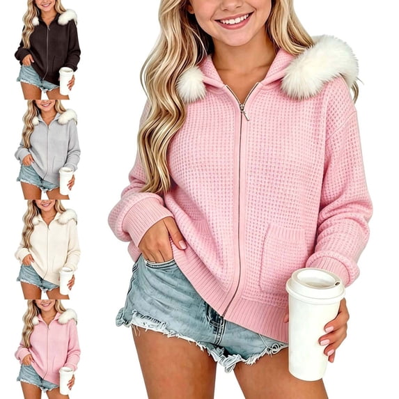 WAVSUF Girls Hooded Knitted Cardigan, Soft Comfort with Zipper Long Sleeve Fall Warm Trendy Jackets Gray 11