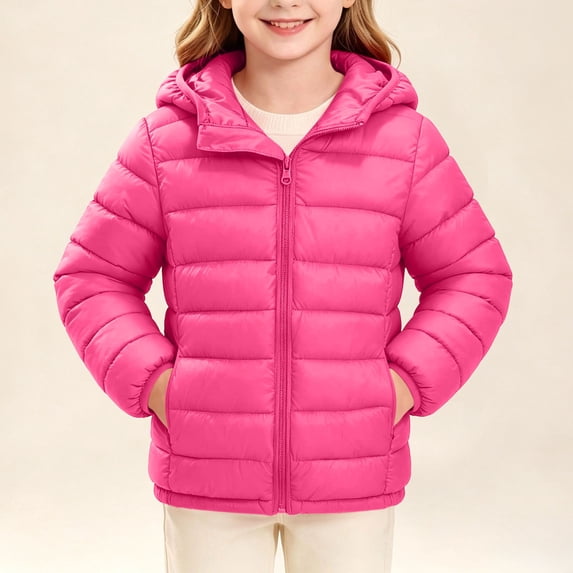 WAVSUF Girls Hooded Quilted Jacket, with Pockets Lightweight Long Sleeve Winter Casual Warm Coat Pink 7-8