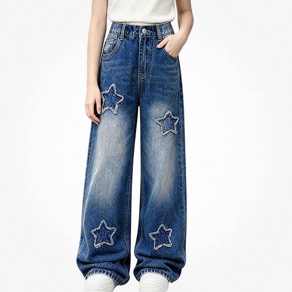 WAVSUF Girls Jeans Elastic Waist Wide Leg with Pockets Fall Casual Daily Pants Blue 7-8
