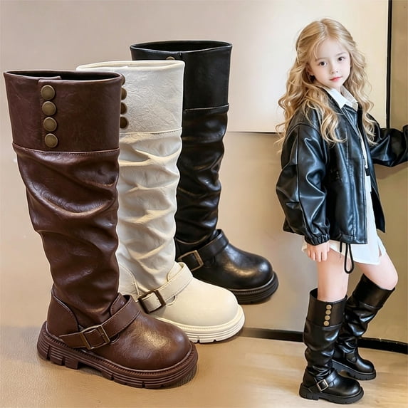 WAVSUF Girls Knee High Boots Round Toe Wide Width Anti Slip Winter Warm Trendy Boots White 3 Big Kids