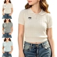 thumbnail image 1 of WAVSUF Girls Knit Short Sleeve Tee, Breathable Henley Neck Trendy Bow Summer School Soft Sweater Beige 10-12, 1 of 8