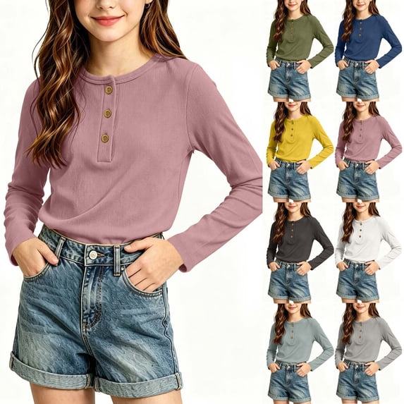 WAVSUF Girls Knitted Cotton Tee Skinny Fit Round Neck Long Sleeve Fall Basic Top Gray 1