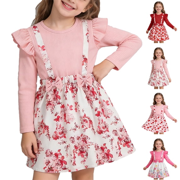 WAVSUF Girls Long Sleeve Dress Heart Printed Round Neck A Line Fall Princess Mini Dress Red 4