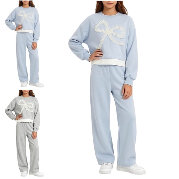 WAVSUF Girls Long Sleeve Outfits Sets, Crew Neck Sweatshirt and Wide Leg Pants Fall Warm Crop Clothes 2 Piece Gray 9