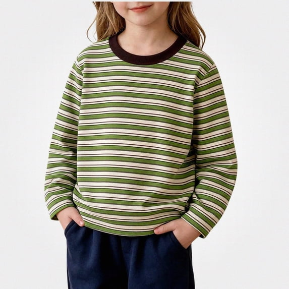 WAVSUF Girls Long Sleeve Shirt, Round Neck Stripe Detail Long Sleeve Fall Daily Trendy Pullover Green 5