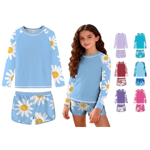 WAVSUF Girls Long Sleeve Swimsuit Built In Bra Quick Dry Top and Dolphin Short Summer Beach Rash Guard Swimwear 2 Piece Blue 10-12