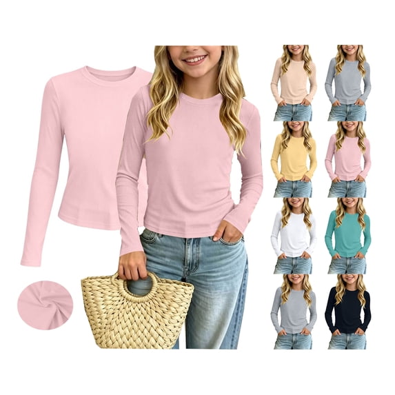 WAVSUF Girls Long Sleeve T-Shirt, Round Neck Lightweight Modal Fabric Casual Soft Breathable Basic T-Shirts Pink 7-8