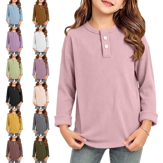 WAVSUF Girls Long Sleeve Tee Round Neck Stretchy Knitted Comfort Soft Fall Daily Trendy Top Pink 10-12