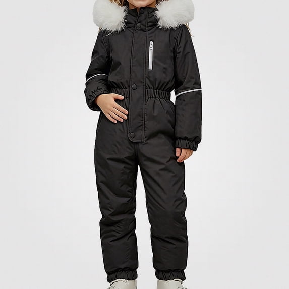 WAVSUF Girls One Piece Snowsuit Insulated Hooded Waterproof Winter Cute Snow Suit Black 5