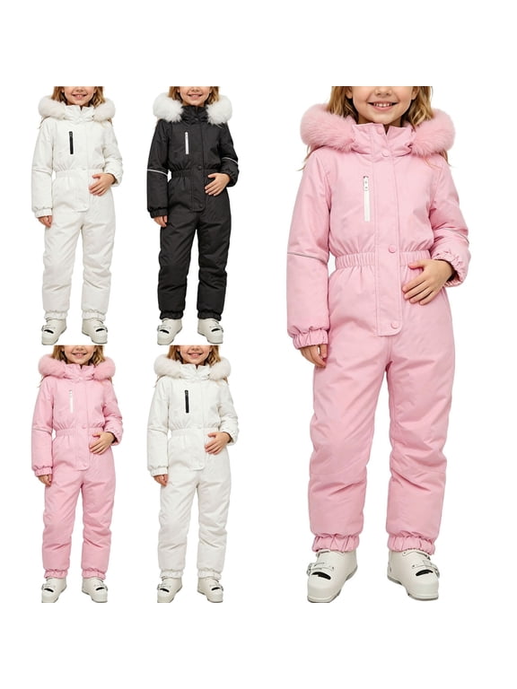 Girls One Piece Snowsuit Insulated Waterproof Hooded Winter Cute Snow Suit Pink 7-8