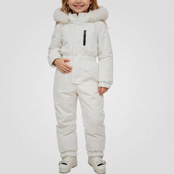 WAVSUF Girls One Piece Snowsuit Waterproof Insulated Hooded Winter Cute Snow Suit White 1