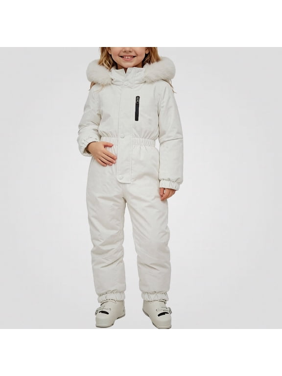 Girls One Piece Snowsuit Waterproof Insulated Hooded Winter Cute Snow Suit White 5