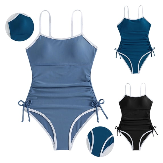 WAVSUF Girls One Piece Swimsuit Cute Trendy Quick Dry Adjustable Side Drawstring Summer Beach Surfing Swimwear Gray 7-8