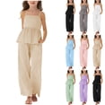 thumbnail image 1 of WAVSUF Girls Outfit Sets 2 Piece Sleeveless Cami Tank and Wide Leg Pants Ruffle Hem Summer Beach Vacation Clothes Blue Size 9-10, 1 of 7