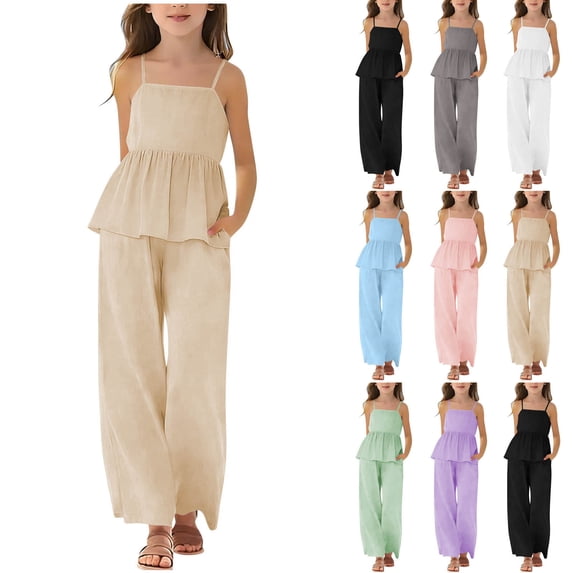 WAVSUF Girls Outfit Sets 2 Piece Sleeveless Cami Tank and Wide Leg Pants Ruffle Hem Summer Beach Vacation Clothes Pink Size 13-14