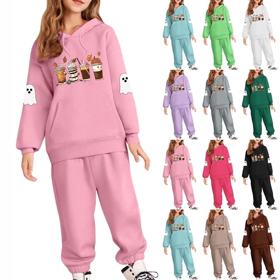 WAVSUF Girls Outfit Sets Graphic Hooded Sweatshirt and Jogger Pants Fall Trendy Sweatsuit 2 Piece Purple 10-12