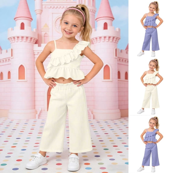 WAVSUF Girls Outfit Sets Ruffle Hem T-Shirt and Wide Leg Pants Lightweight Summer Casual Trendy Clothes 2 Piece Beige Size 4-5