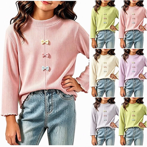 WAVSUF Girls Ribbed Top, Long Sleeve Bow Decor Mock Neck Winter Fall Warm Pullover Pink 7-8