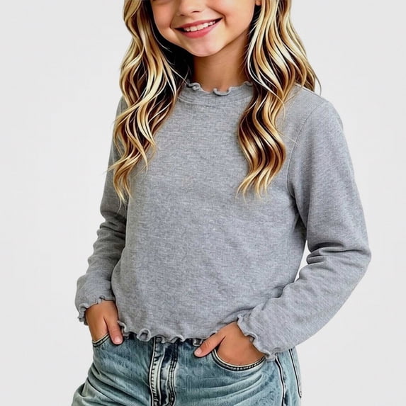 WAVSUF Girls Ruffle Mock Neck Tee, Skinny Fit Ruffle Hem Long Sleeve Winter Base Comfort Undershirt Gray 7-8