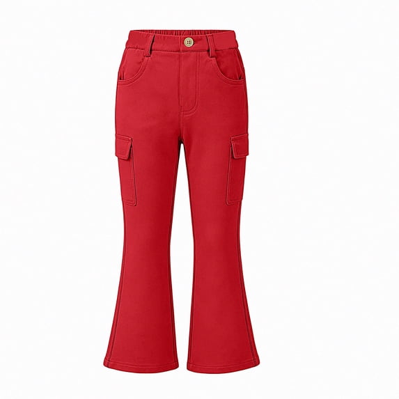 WAVSUF Girls School Flare Pants Elastic Waist with Pockets Soft Comfort Fall Casual Uniform Pants Red 10-12