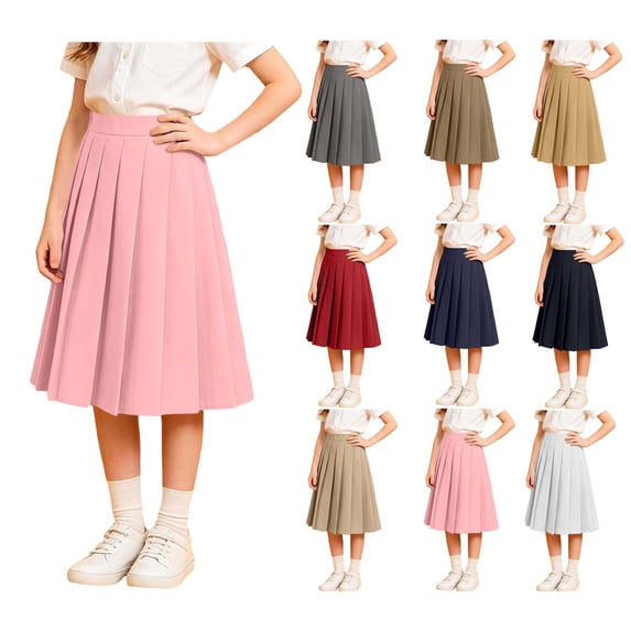 WAVSUF Girls School Pleat Skirt Elastic Waist Soft Lightweight Casual Summer Cotton Midi Skirts Pink Size 14