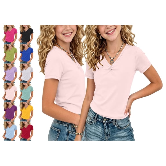 WAVSUF Girls Short Sleeve T-Shirt, V Neck 100% Cotton Breathable Summer Casual Trendy Tee Dark Blue 7-8