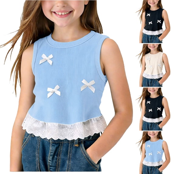 WAVSUF Girls Sleeveless T-Shirt Crew Neck Cute Bowknot Ruffle Hem Summer Comfortable Trendy Tank Tops Blue Size 2-3