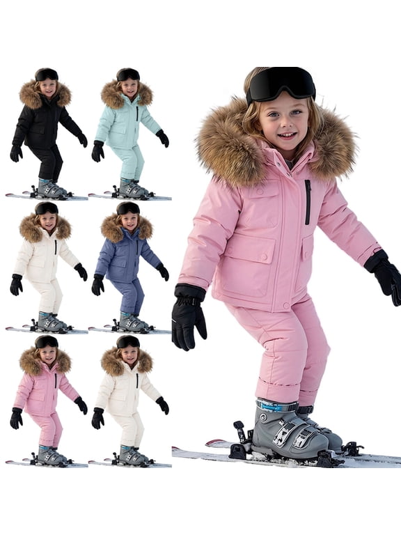 Girls Snowsuit Sets 2 Piece Waterproof Insulated Ski Puffer and Snow Pants Overall Winter Warm Hooded Snow Outfits Pink 7-8