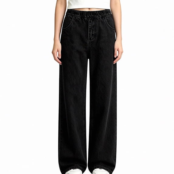 WAVSUF Girls Straight Jeans Side Pockets Adjustable Waist Soft Comfort Fall Dressy Casual Pants Black 7-8
