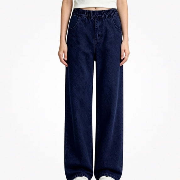 WAVSUF Girls Straight Jeans Soft Comfort Adjustable Waist Side Pockets Fall Dressy Casual Pants Blue 5