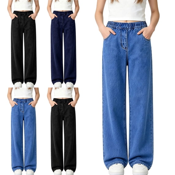 WAVSUF Girls Straight Jeans Soft Comfort Side Pockets Adjustable Waist Fall Dressy Casual Pants Blue 7-8