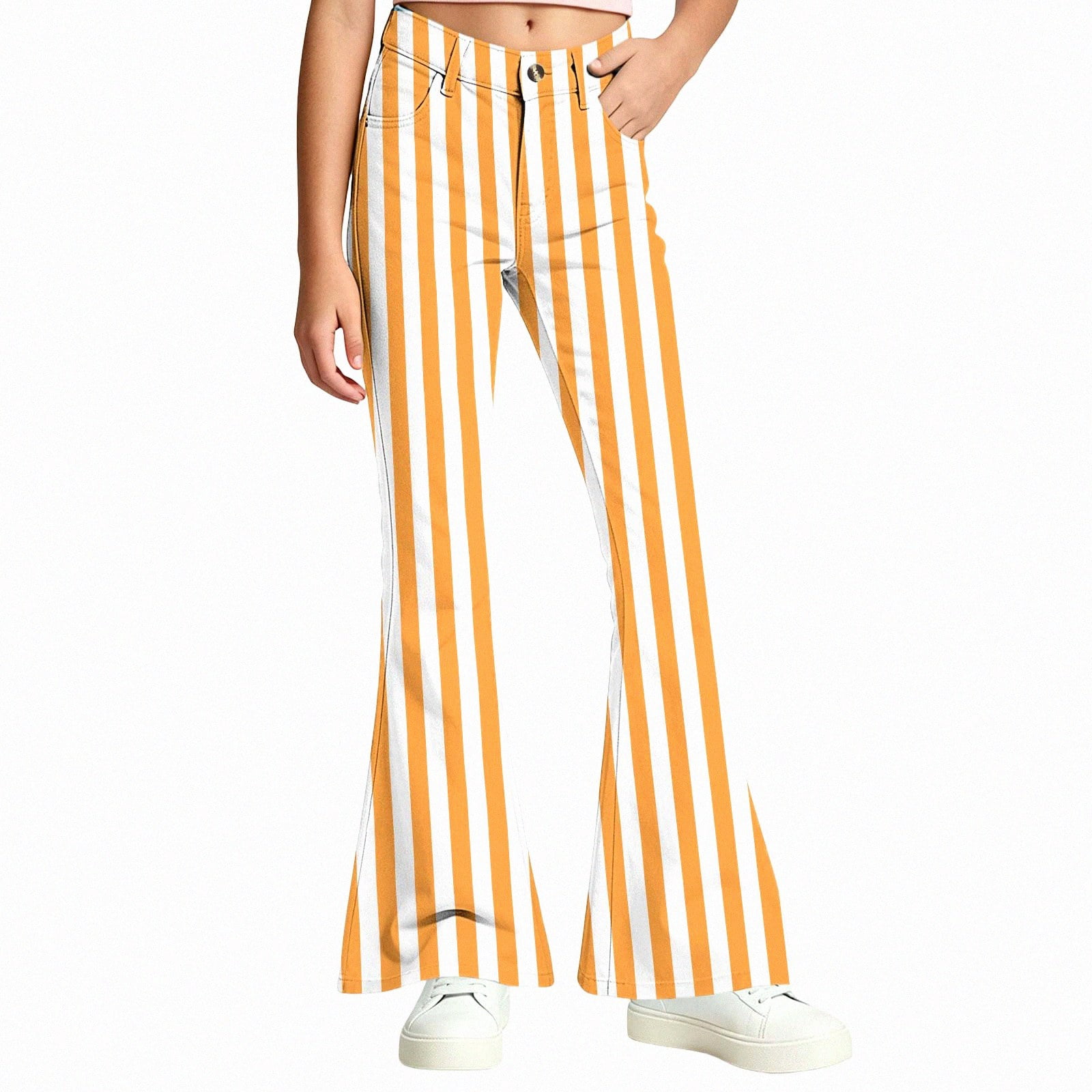 WAVSUF Girls Strip Print Pants Zip Up Pocket Flare Leg Soft Comfort ...