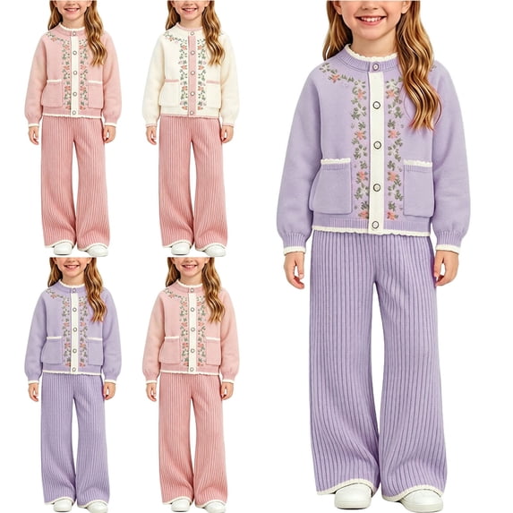 WAVSUF Girls Sweater Cardigan Sets, Round Neck Long Sleeve Sweater and Wide Leg Pants Winter Knitted Cute Outfits 2 Piece White 3