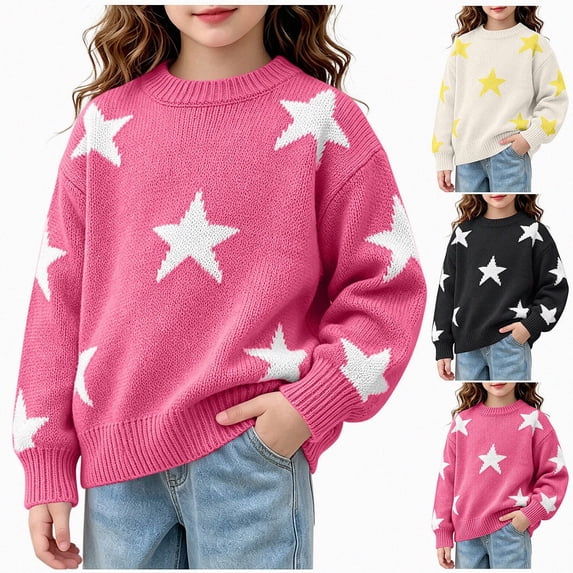 WAVSUF Girls Sweater, Cartoon Printed Crew Neck Loose Fit Fall Warm Casual Pullover Pink 7-8